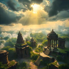Ruins of temples of ancient gods, in the middle of tropical forest, under stormy sky with glimmers of sunlight.
