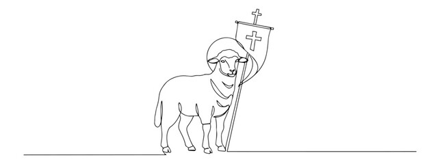 Continuous single line illustration of Agnus Dei – haloed Lamb of God carrying victory banner