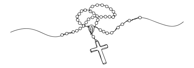 rosary with cross drawn in flowing line style, religious black and white vector illustration