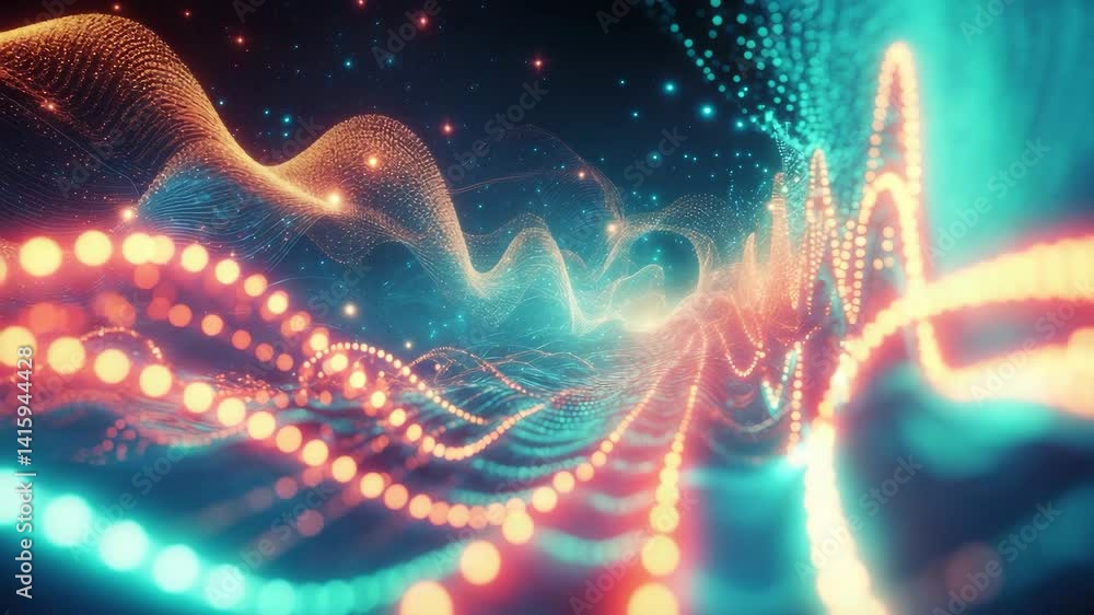 Poster futuristic technology and big data visualization with abstract music background and glowing waving d