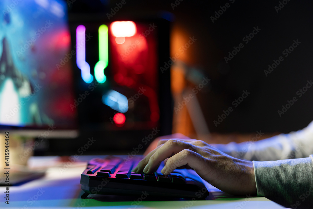 Poster man destroying enemy spacecrafts, trying to finish level in science fiction flying game. close up of