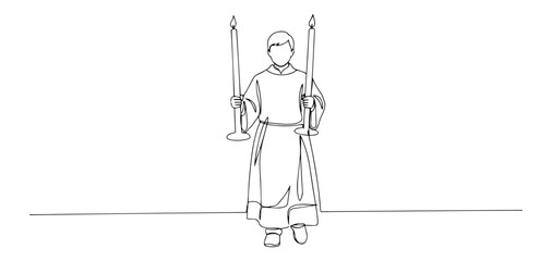 vector of young altar boy carrying two candles, symbolic line art for religious ceremonies