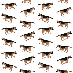 Vector seamless pattern of flat hand drawn running shepherd dog isolated on white background