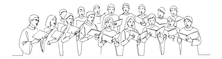 minimalist line drawing of choir singing hymns, religious and musical vector