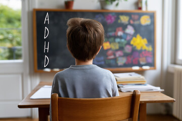 young Caucasian boy sitting at desk looking at black chalkboard in classroom, ADHD and scribbles on board