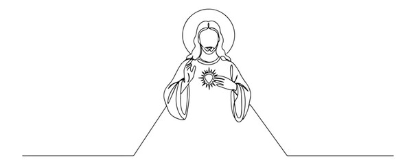 Minimal continuous line illustration of the Sacred Heart of Jesus – flaming heart of love and compassion