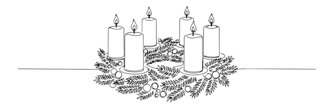 Continuous line Advent wreath with four glowing candles nestled in pine branches and holly - Powered by Adobe