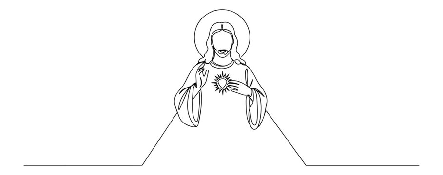 Minimal continuous line illustration of the Sacred Heart of Jesus – flaming heart of love and compassion