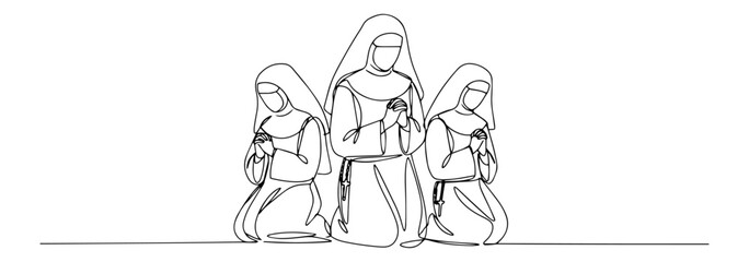 black and white vector of three praying nuns in continuous line style, simple religious illustration