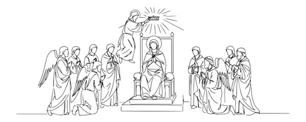 black and white vector of Mary crowned by angels surrounded by saints, religious scene in line art