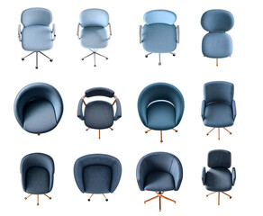 Set Highly detailed top view of colorful elegant designer office chair with copper, gold or champagne frame and expensive grey blue and light blue fabric upholstery, for design floor