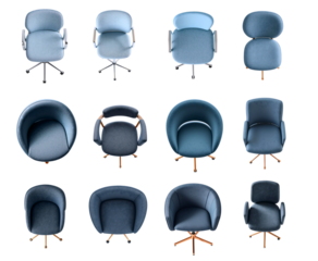 Set Highly detailed top view of colorful elegant designer office chair with copper, gold or champagne frame and expensive grey blue and light blue fabric upholstery, for design floor