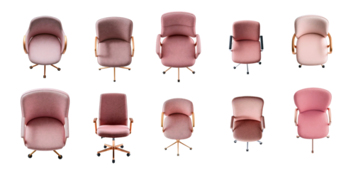 Set Highly detailed top view of colorful elegant designer office chair with copper, gold or champagne frame and expensive dust pink and coral fabric upholstery, for design floor