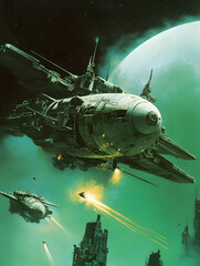 Obraz premium Futuristic Spaceships Engaged in Intergalactic Battle Near a Green Planet