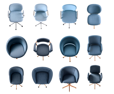 Set Highly detailed top view of colorful elegant designer office chair with copper, gold or champagne frame and expensive grey blue and light blue fabric upholstery, for design floor