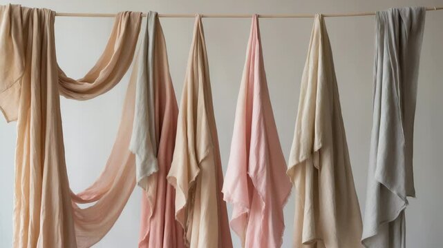 Hand-dyed clothing in warm earthy tones showcased on a vivid background - area for text.