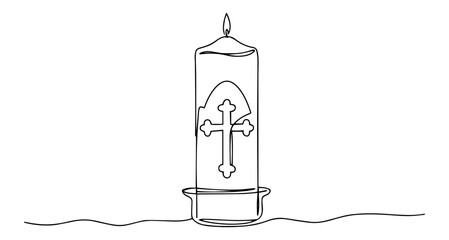  burning candle with cross in line art style, religious symbol of light, hope and faith vector