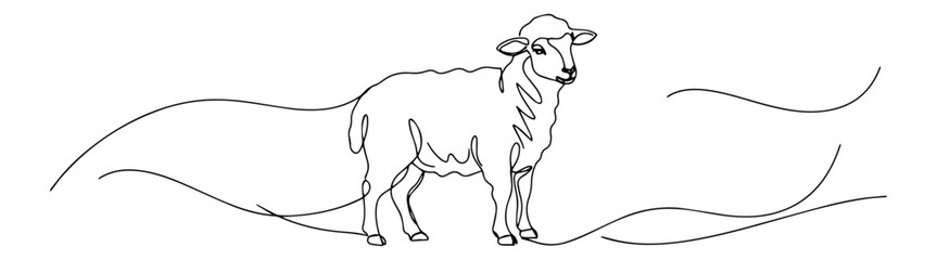 pastoral sheep in field linear sketch vector