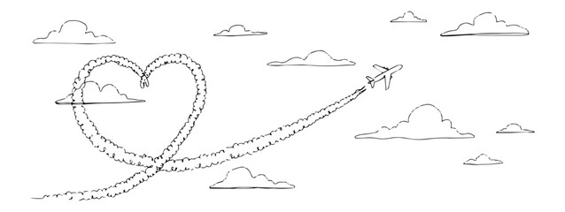 love travel airplane clouds lineart vector