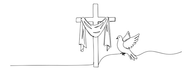 Naklejka premium minimalist christian vector with cross, dove and cloth in simple line art style, faith and peace theme