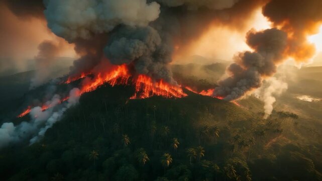 Overview from above of forest fire and smoke on Bokor Mountain within Preah Monivong National Park, Kampot, Cambodia
