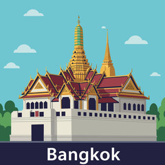 Traditional Thai temple with golden spires and red roofs in detailed flat style vector illustration