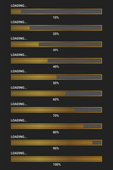 Obraz premium Gradient Loading Progress Bars Displaying Percentages from 10% to 100% in Gold and Black for UI and Tech Design Concepts