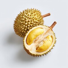 Obraz premium Close up of durian fruit one whole and one split open showing pulp isolated on white background