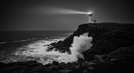 A black and white coastal scene of a lighthouse illuminating the night with its beam, guiding ships safely through turbulent waters