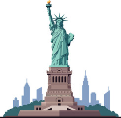 Obraz premium Statue of Liberty standing tall in detailed flat design with city skyline background vector illustration