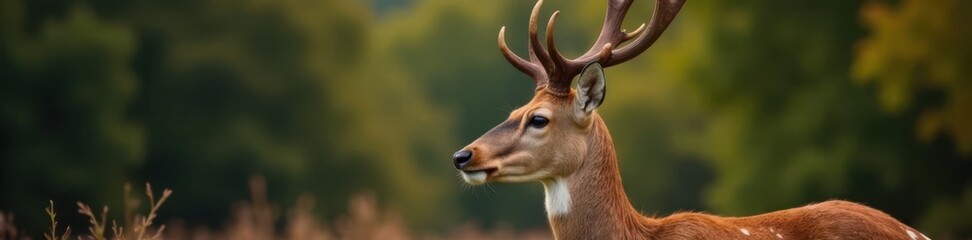 Naklejka premium Close-up profile of white-tailed deer with sharp antlers, outdoor, deer