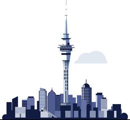 Modern city skyline with tall observation tower flat design minimal vector illustration
