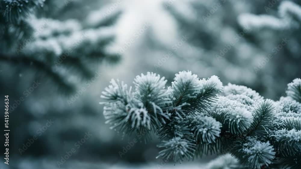 Poster winter landscape showcasing snowy pine tree branches with a shallow depth of field. close-up of a ho