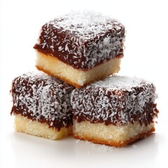 A stack of three lamington cakes with coconut flakes isolated on white background