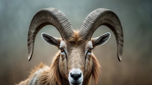 Close-up footage of a wild goat with twisted horns.
