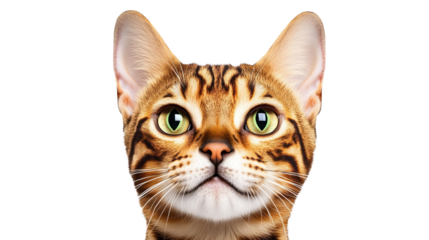 Bengal cat stares directly at the viewer with bright green eyes against a stark black background.