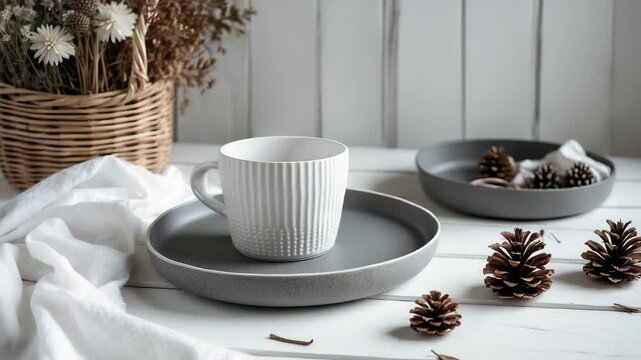 White ceramic plate with a striped edge design, accompanied by a cup and a grey plate on a white background, along with white fabric, a box, and a plant.