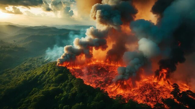 Overhead view of forest fire and smoke on Bokor Mountain, Preah Monivong National Park, Tuek Chhou District, Kampot, Cambodia