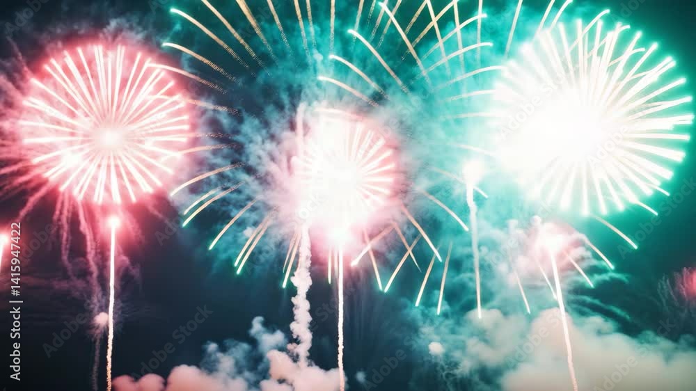 Poster vibrant firework display with bokeh backdrop.