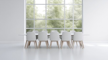 Modern minimalist dining area with large window view