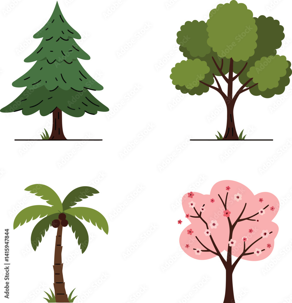 Poster four different tree types including pine fir palm and cherry blossom in flat colorful style vector i