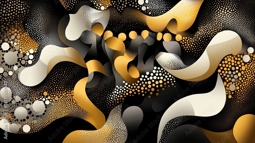 Poster abstract shapes flow across a dark background, featuring gold, white, and gray gradients and scatter