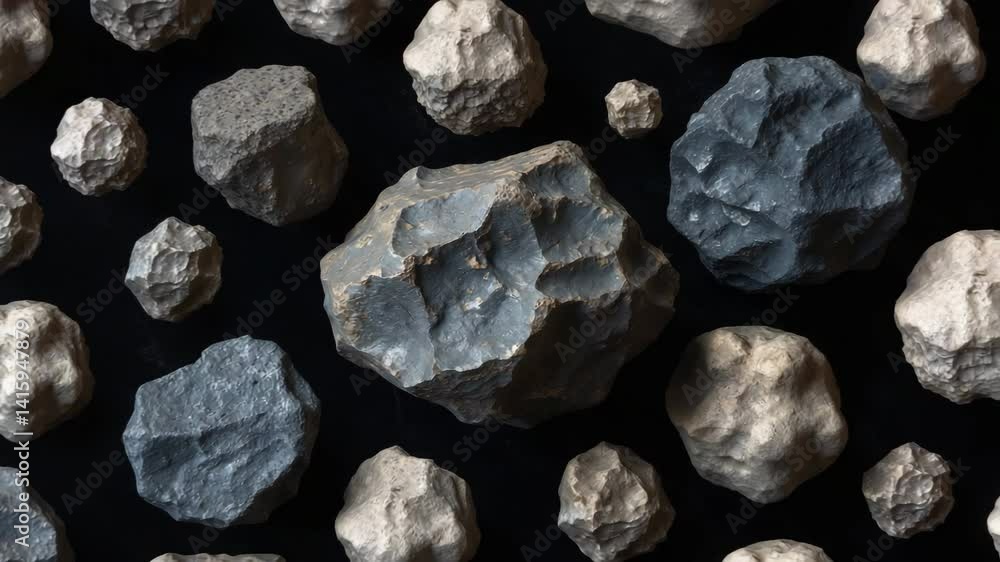 Poster high-resolution videos of isolated asteroids and meteorites on a black background for seamless desig