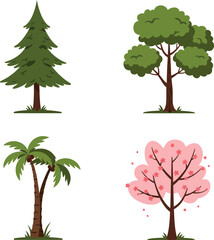 Obraz premium Four different tree types flat design with green and pink foliage minimal style vector illustration