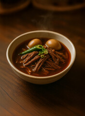 Jjangjorim soy braised beef, with eggs in ceramic bowl on wooden table