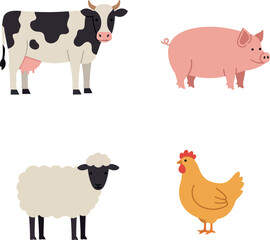 Farm animals including cow pig sheep and chicken in flat style vector illustration