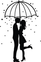 Romantic Couple Kissing Under an Umbrella Surrounded by Falling Heart Shapes