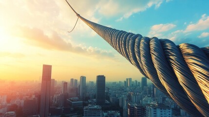 A massive steel cable rope used in construction, stretching across a skyline --ar 16:9 --v 6.1 Job ID: 0f4bdf95-61c2-464e-92c7-5441ceaea947