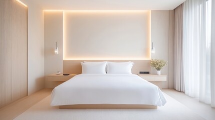 Modern minimalist bedroom with a neutral color palette.  Clean lines, soft lighting, and a comfortable bed