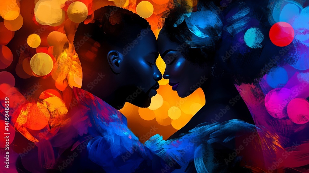 Poster dancers embracing with faces nearly touching are surrounded by colorful bokeh lights in an abstract 